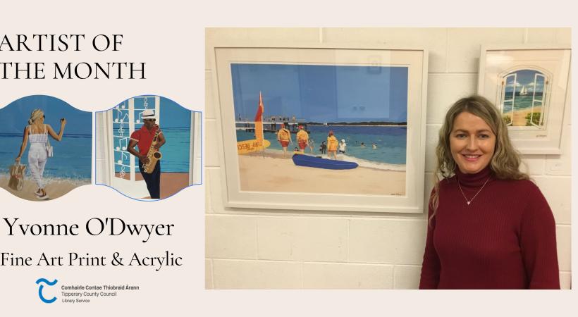 image of artist standing beside framed pieces with event info text